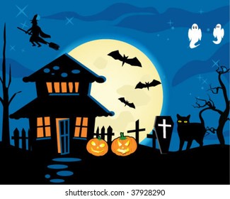 Halloween night theme dark house full moon and witch.