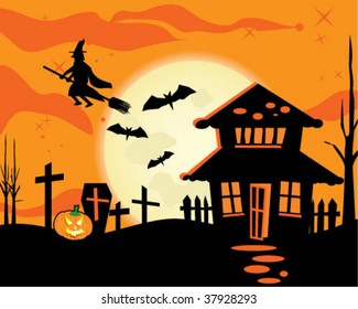 Halloween night theme dark house full moon and witch.