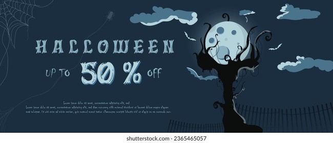 Halloween night traditional Sales Promotion Poster. Dark sky and spiders on a blue Moon background design vector illustration.