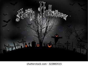 Halloween night with tree pumpkins and bats on graveyard. Vector