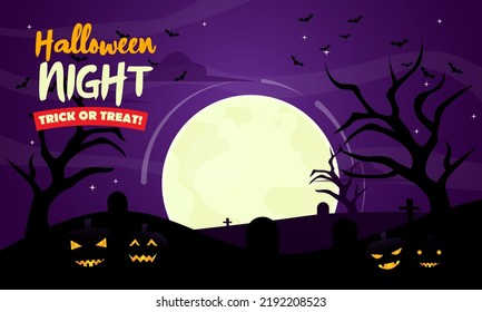 Halloween Night Trick or Treat Banner - Halloween Theme Poster with pumpkin monster elements, bats, moonlight, graveyard, dry tree on purple background.