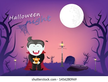 Halloween night, vampire and bats in graveyard dark forest, cartoon characters, invitation poster card background vector illustration