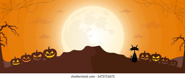 Halloween night vector background with black cat, spider web and pumpkin silhouettes under the moonlight. Vector illustration.