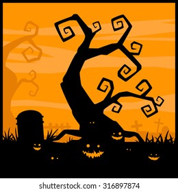 Halloween night vector background and evil pumpkin 