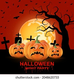 Halloween night vector background with pumpkins, dead tree and cemetery
