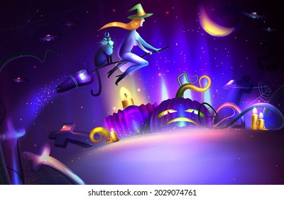 Halloween night vector illustration background with flying witch on broom, moon, cemetery and crosses. Scary character on broomstick with magic cat. Terrifying pumpkins with candles in the moonlight.