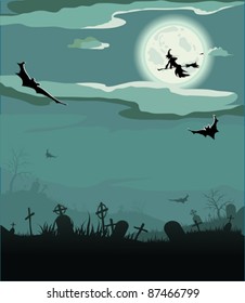 Halloween night, vector illustration (bat,grave, gravestone, graveyard, moon, house, tree, witch)