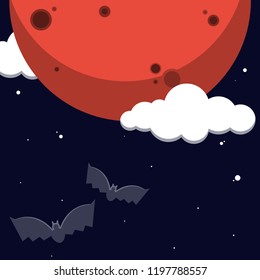 Halloween night Vector illustration in cartoon style Close-up landscape with moon, cloudy sky and bats Illustration in lilac and orange colors