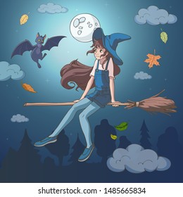 Halloween night. Vector illustration.    Cute cartoon witch flying on her broom with a bat. Decor element for kids products, T-shirts and greeting cards.