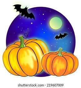 Halloween night vector illustration with full Moon, bats and pumpkins
