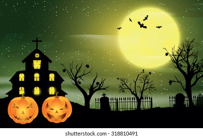Halloween night, vector illustration. Haunted House.