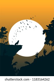 Halloween night vector illustration of howling wolf, bats and zombies under full moon