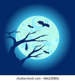 Halloween night vector illustration with moon and bats