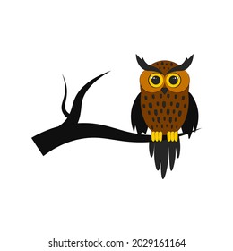 Halloween night. Vector illustration for the October holiday. Owl on a branch isolated on a white background. 