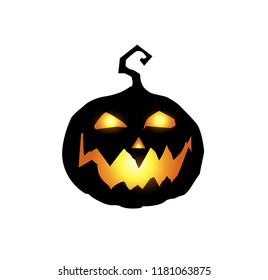 Halloween night vector illustration of scary and evil pumpkin jack o lantern with glowing face, terrible look and a smirk of a villain, in the dark isolated on white background.