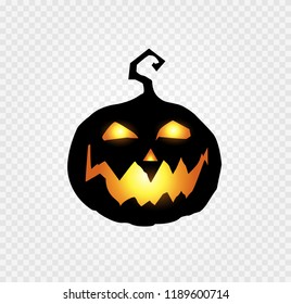 Halloween night vector illustration of scary and evil pumpkin jack o lantern with glowing face, terrible look and a smirk of a villain, in the dark isolated on transparent background.