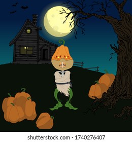 Halloween night vector illustration. Skeleton of a pumpkin in a measuring suit and a mask on his face against the background of a haunted house and a full moon.