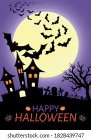 Halloween night vector illustration.Background for Halloween.Flying bats,old dark castle,moon and cemetery.Graphic element for banner,greeting cards,invitation,poster or website.