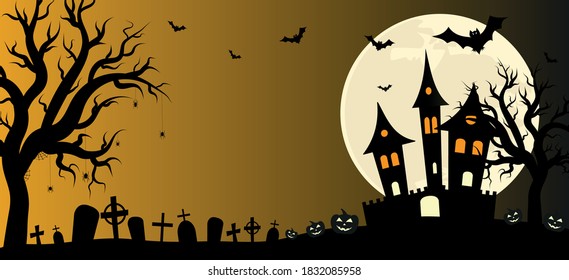 Halloween night vector illustration.Background for Halloween.Flying bats,old dark house,moon and cemetery.Graphic element for banner,greeting cards,invitation,poster or website.