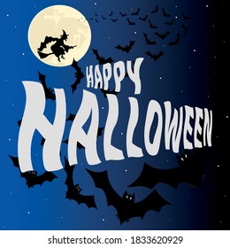 Halloween night vector illustration.Background with Happy Halloween lettering.Night, moon and bats.Graphic element for banner,greeting cards,invitation,poster or website.