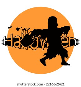 
halloween night vector logo on the background of a little boy in a ghost costume