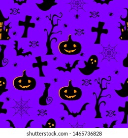 Halloween night vector pattern with  black cats, spiders, pumpkins, bats, and spiderwebs