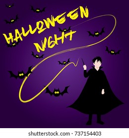 Halloween night vector poster of wizard and bats