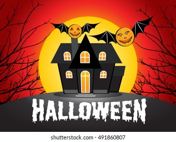 Halloween night Vector Pumpkin with bat wings and House