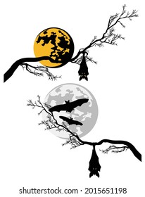 halloween night vector silhouette decor set with full moon, vampire bats and bare tree branches