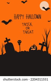 Halloween night vector tombstone illustration, pumpkin devil, skull, moon, tree and black bat Suitable for greeting cards, invitations or posters, postcards.