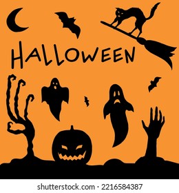 Halloween night view with ghosts, zombie's hands, black cat and bats. Black hand drawn spooky silhouettes on orange background. Halloween attributes. Vector illustration