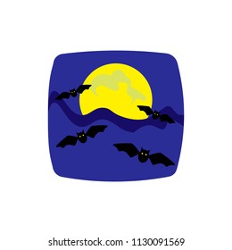 Halloween. Night view of glowing full moon and flying bats. Cartoon. Vector illustration.