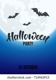 Halloween. Night view of glowing full moon and flying bats. Banner for Halloween party ,events.