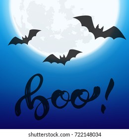 Halloween. Night view of glowing full moon and flying bats. Banner for Halloween party ,events