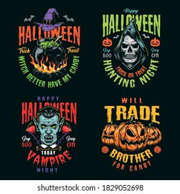 Halloween night vintage colorful badges with witch hat and cauldron of magic potion grim reaper and vampire heads scary pumpkins isolated vector illustration