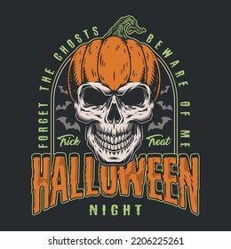Halloween night vintage colorful flyer with skull with pumpkin instead of hat among bats in evening sky vector illustration