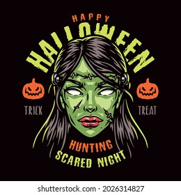 Halloween night vintage colorful label with inscriptions pumpkins and spooky female zombie head on dark background isolated vector illustration