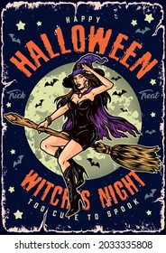 Halloween night vintage colorful poster with pretty witch in hat and cape flying on broom on moon and flying bats background vector illustration