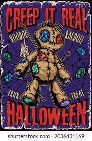 Halloween night vintage colorful poster with voodoo ragdoll burning candle buttons and spiderweb vector illustration