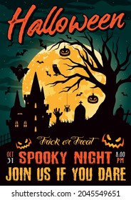 Halloween night vintage colorful poster with haunted house creepy pumpkins tombstones zombie hand dry tree flying bats ghost spider owl on moon background vector illustration