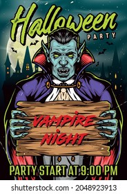 Halloween night vintage colorful poster with scary vampire in cape holding wooden board on haunted houses flying bats and moon background vector illustration