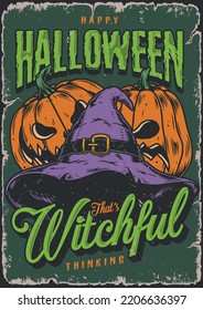 Halloween night vintage colorful poster with purple witch hat near jack o lanterns made from autumn pumpkins vector illustration