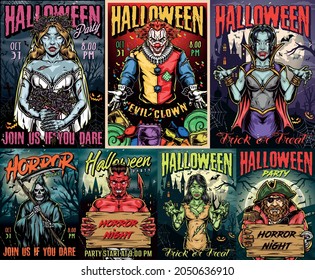 Halloween night vintage colorful posters with spooky insane clown candies grim reaper with scythe dead bride zombie and vampire girls pirate and scary devil holding wooden boards vector illustration