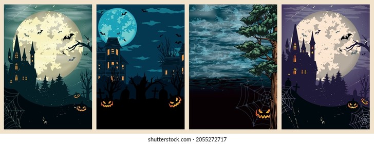 Halloween night vintage colorful posters with haunted houses spooky pumpkins cobweb trees gravestones flying bats and full moon vector illustration