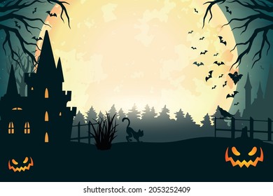 Halloween night vintage colorful template with spooky pumpkins haunted house cat crow ghost flying bats silhouettes on full moon background vector illustration