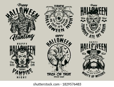 Halloween night vintage designs with inscriptions scary witch vampire mummy human eye with bat wings zombie head and hand on graveyard isolated vector illustration