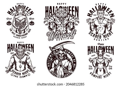 Halloween night vintage designs with scary evil characters and monsters in monochrome style isolated vector illustration