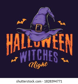 Halloween night vintage emblem with witch hat and flying bats isolated vector illustration