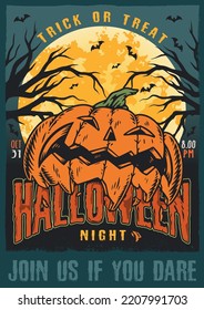 Halloween night vintage flyer colorful full moon and pumpkin with terrifying face under tree branches and bats vector illustration