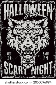 Halloween night vintage monochrome poster with inscriptions and spooky werewolf head vector illustration